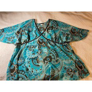 "NINETY" WOMENS PLUS SIZE 3X BLOUSE, TEAL, BROWN, SHEER, LIGHTWEIGHT
